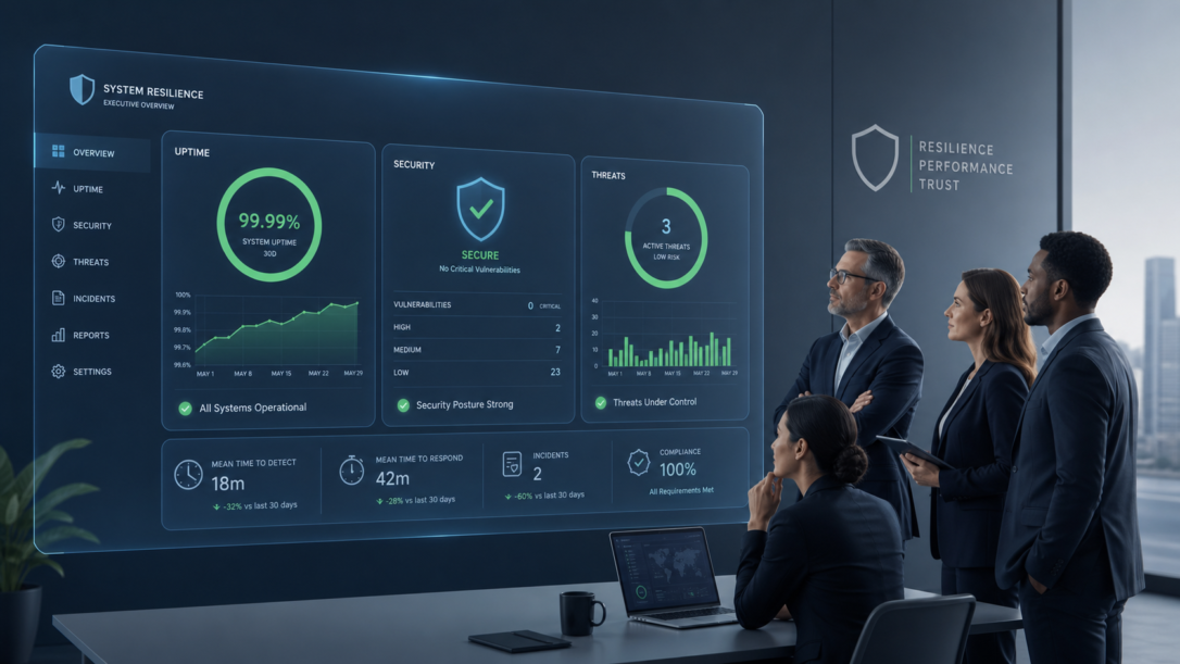 Leadership team around a holographic dashboard displaying uptime and cybersecurity metrics, in a modern office, blue-green UI with a calm, decisive atmosphere.