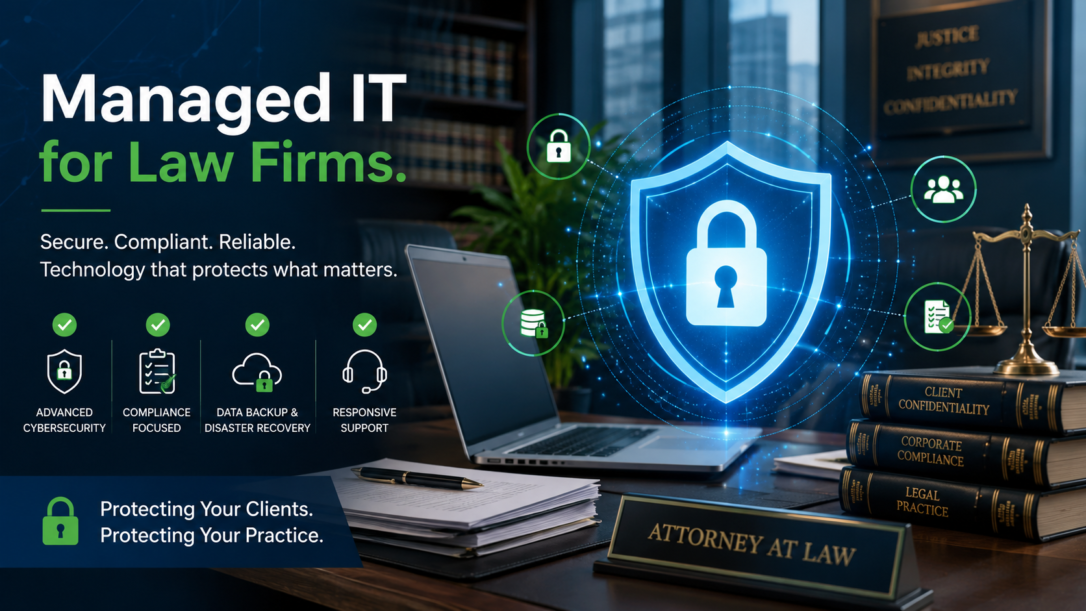 Law firm managed IT services: security protection with shield icon and lock symbols for attorney data security